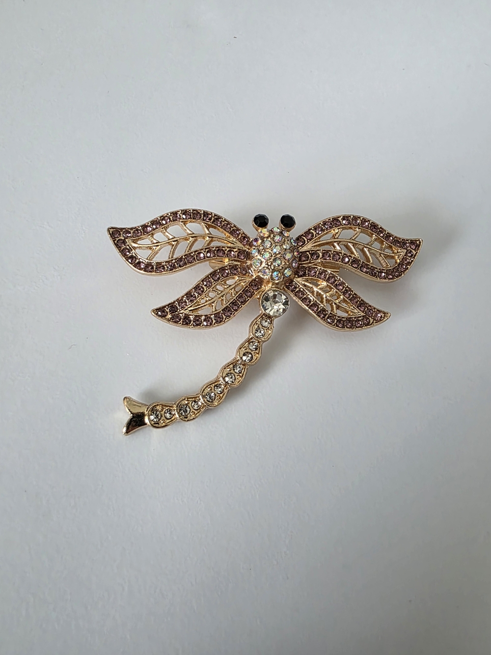 Vintage Gold Dragonfly Brooch with Pink and Clear Stones